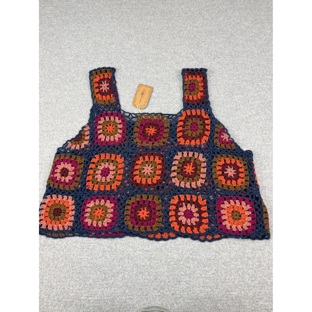 Natural Life Crochet Granny Square Tank Top Multicolor Boho Crop L/XL TOP963 NEW - Picture 3 of 11